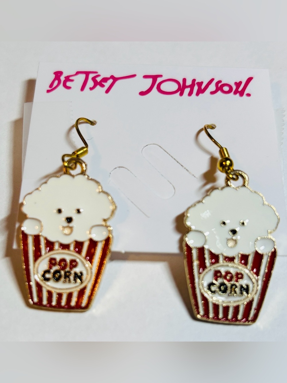 Betsey Johnson White and Red Popcorn & White Puppies Dangle Earrings